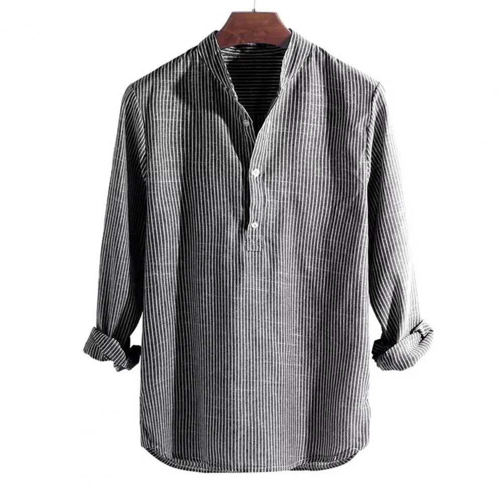 Camisa de algodón y lino para hombre, blusa informal a rayas con cuello levantado, botones suaves de manga larga, talla grande