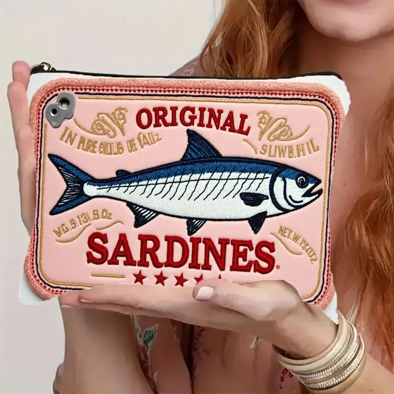 Vintage Sardine Can Embroidered Cosmetic Bag with Zipper Closure Fish Motif Makeup Pouch Portable Toiletry Organizer Women Gift