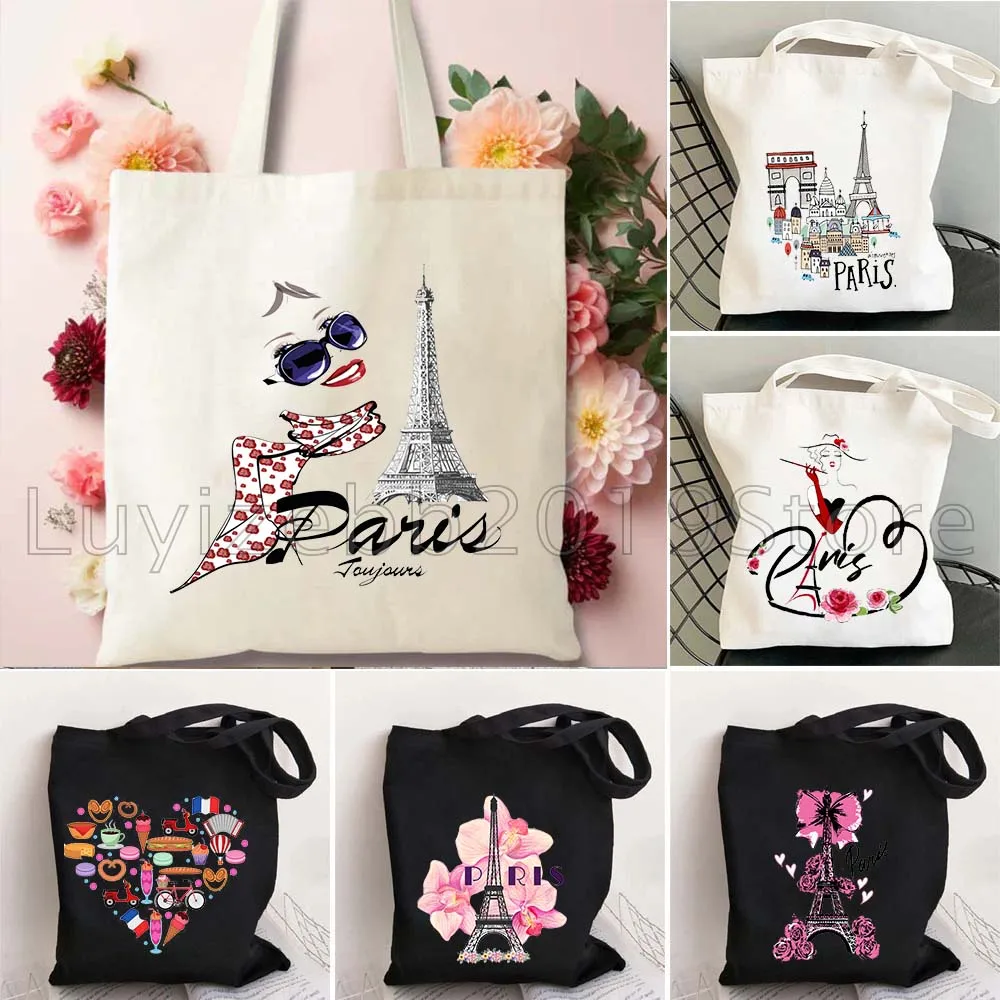 Bonjour Starry Night Paris Eiffel Tower France City Love Heart French Flag Map Europe Travel Canvas Shoulder Tote Bag Handbag