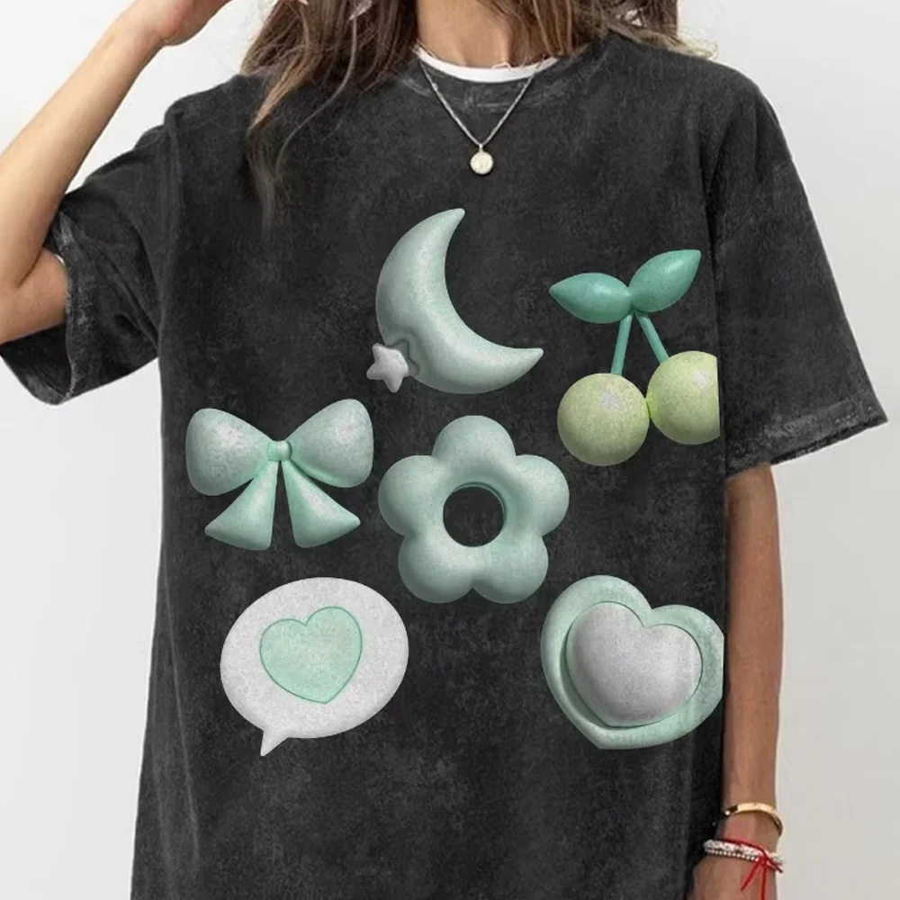 

Pastel Icons Print Y2k Graphic T-Shirt Cute Charming and Delightful Cotton Clothes Soft Fabric for Lovely-Themed Casual Looks