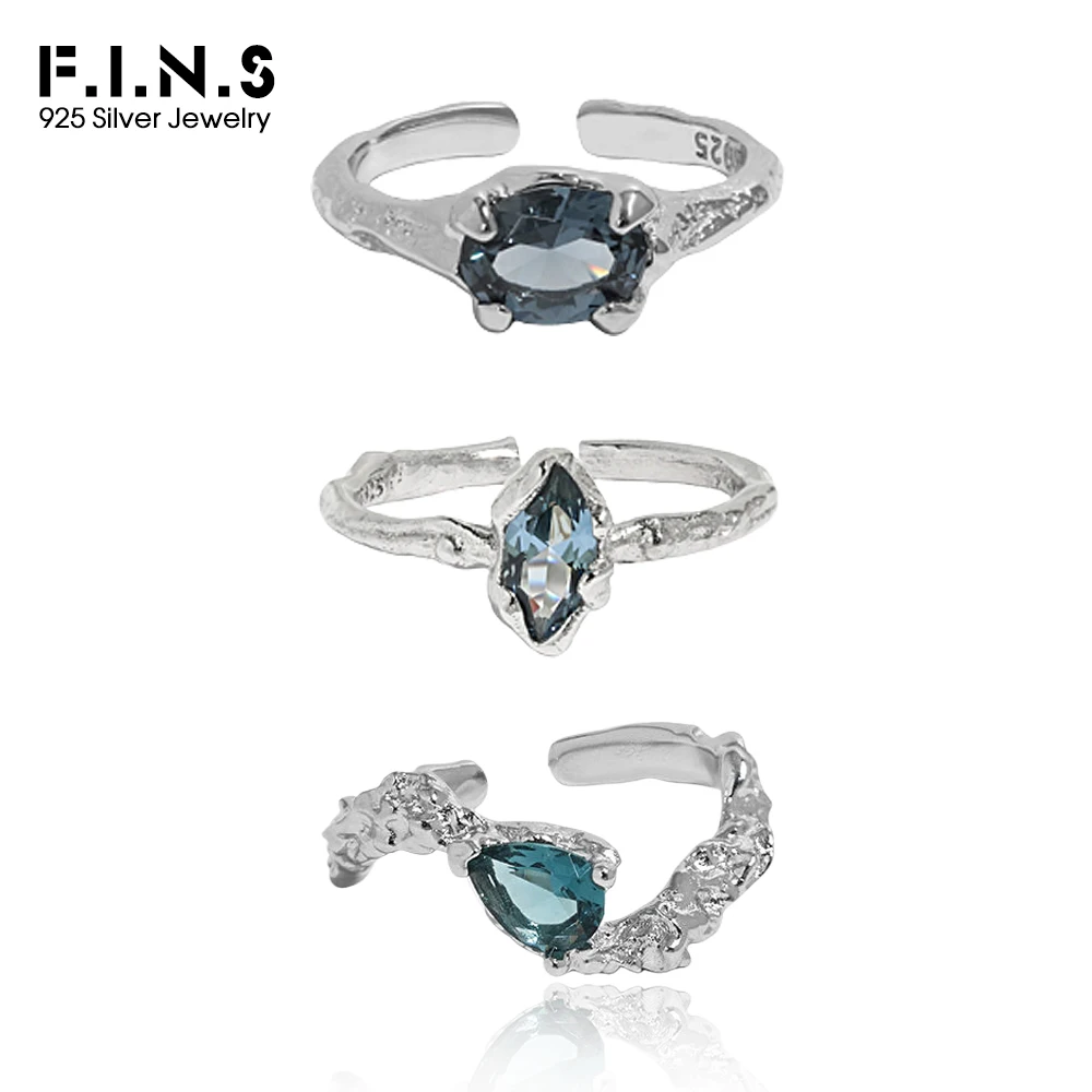 

F.I.N.S Корейский нерегулярный морской синий циркон S925, стерлинговое серебро, открытое кольцо с текстурой, неровный регулируемый палец, свадебные ювелирные украшения