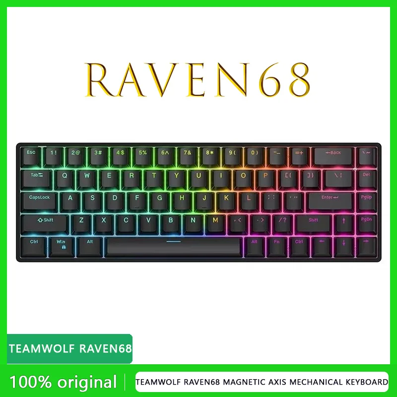 

Teamwolf Raven68 Механическая клавиатура с магнитной осью 8K Режим с низкой задержкой RGB Световой эффект Белая желтая ось Горячая вилка Алюминий