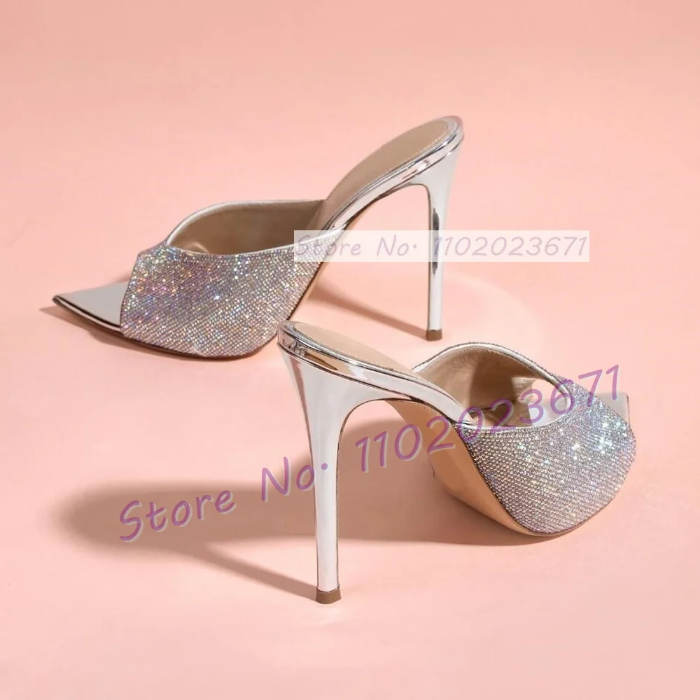 Sparkly Crystal Gold Pointed Toe Mules Woman Mirrored Leather High Heels Shoes Sexy Ladies Casual Outdoor Stiletto Slippers