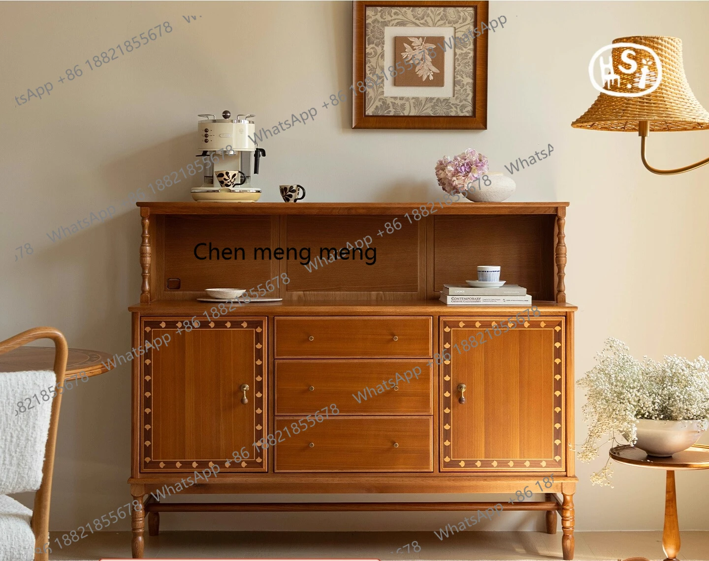 

Ginkgo side cabinet solid wood double-layer French antique style home restaurant locker