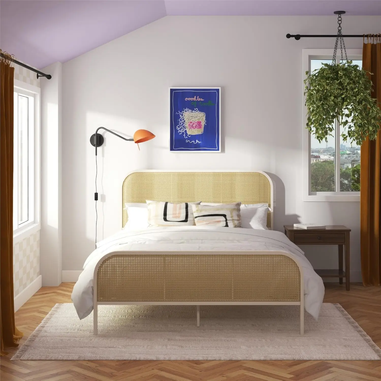 Roxanne Metal Platform Bed Frame With Cane Headboard, Queen, Parchment White