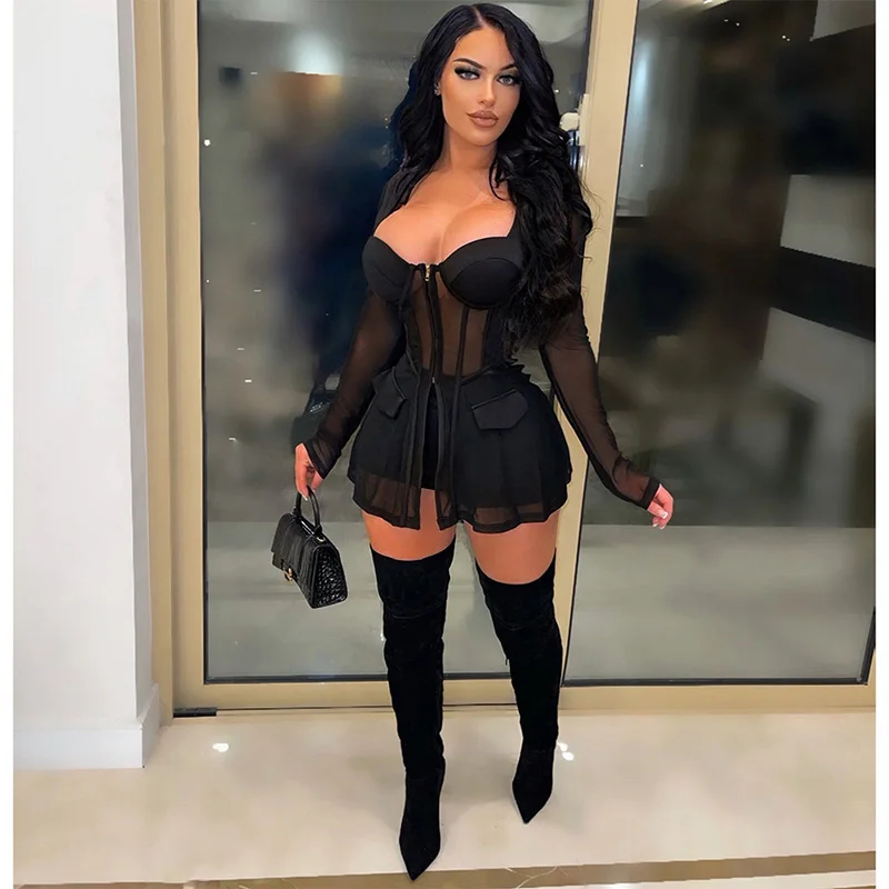 

Solid Mesh See Through Patchwork 2 Piece Sets Women Zipper Blazer & Shorts Sweetheart Sweatsuit Tracksuit Two Piece Set Outfits