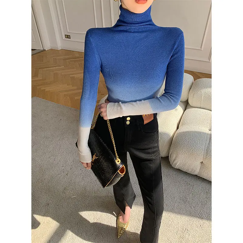 Women\'s Fashion Slim Gradient Sweaters 2023 New Autumn and Winter Female Clothing Korean Long Sleeve Turtleneck Knit Pullovers