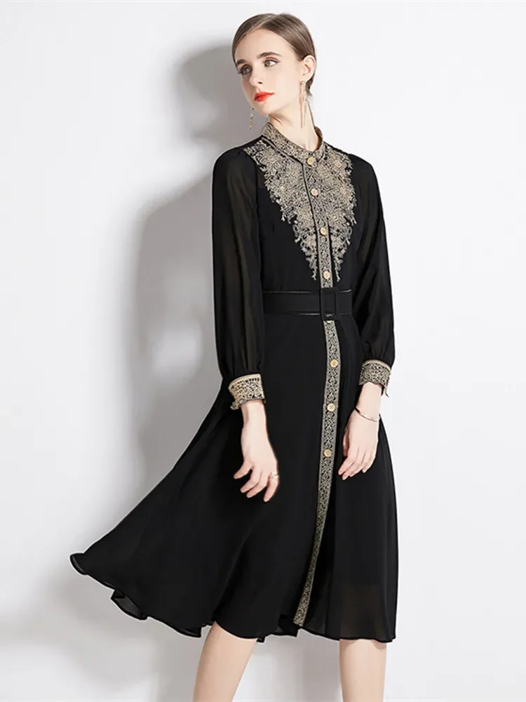 

New Black Women Flower Embroidery Dress Long Lantern Sleeve Stand Collar Chiffon Smock Vintage High Waist Belted Midi Vestido