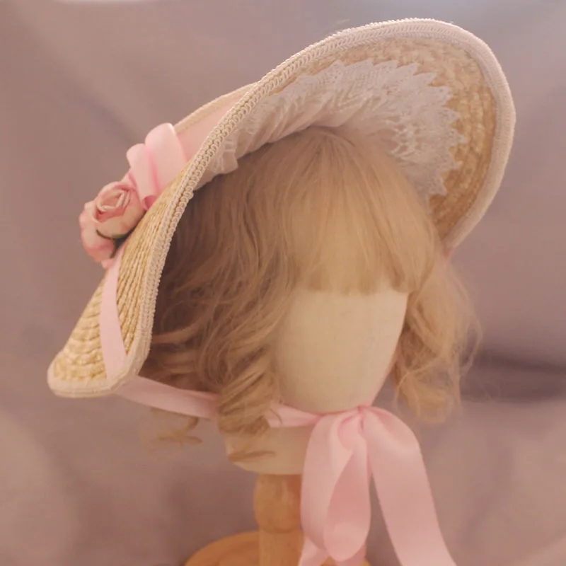 Handmade Lolita Straw Hat Female Big Brim Sun-Proof Flat-Top Hat