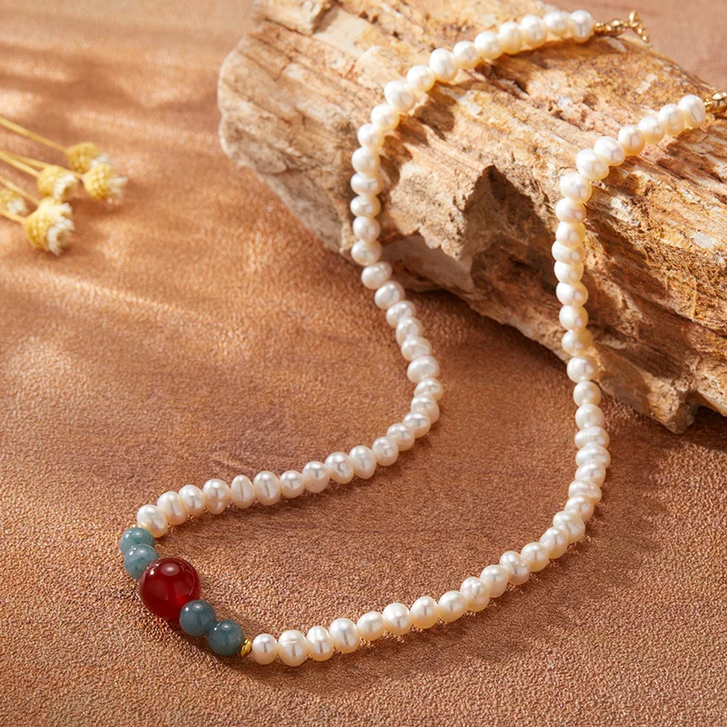 

Natural Colorful Gemstone Red Agate Blue Water Jade Freshwater Pearl Necklace for Womens925Sterling Silver Clavicle Chain