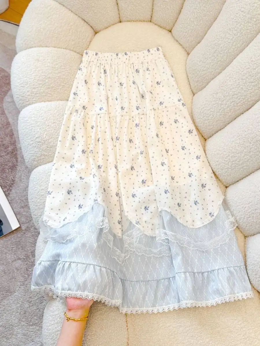 plus Size 300 Pounds Sister Gentle Style Lace Floral Half Skirt Women Summer Sweet A-Line Umbrella Skirt High Waist Elastic F...