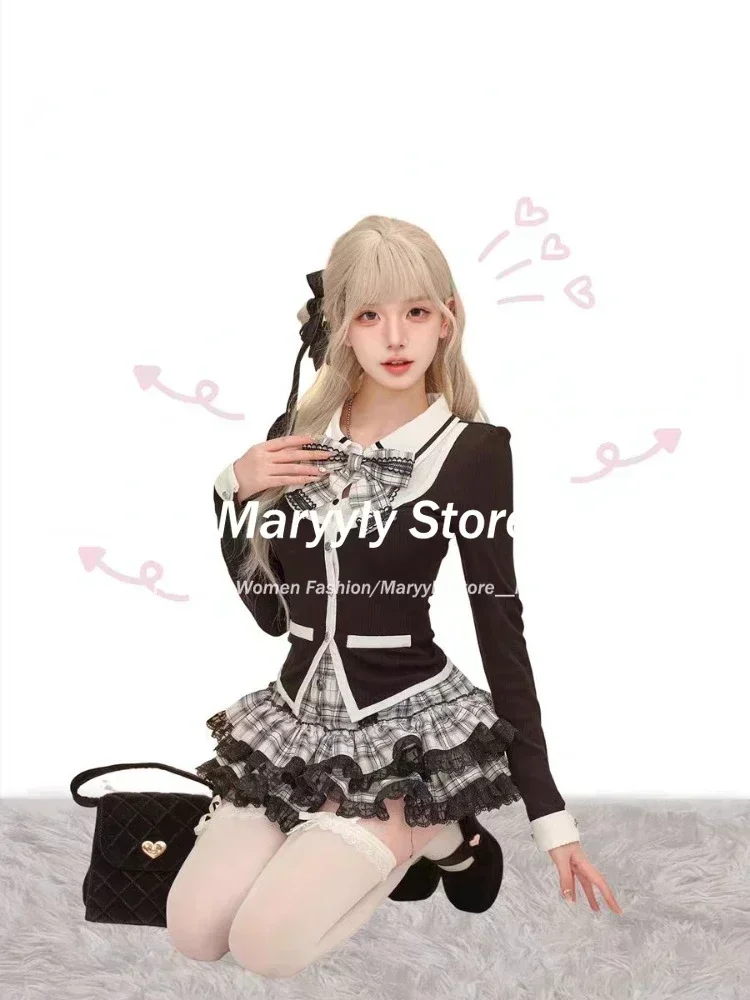 Gothic Y2k Vintage Preppy Style 2 Piece Set Women Sweet Bow Knitted Cardigan Ruffles Plaid Mini Skirt Fashion Lolita Outfits New