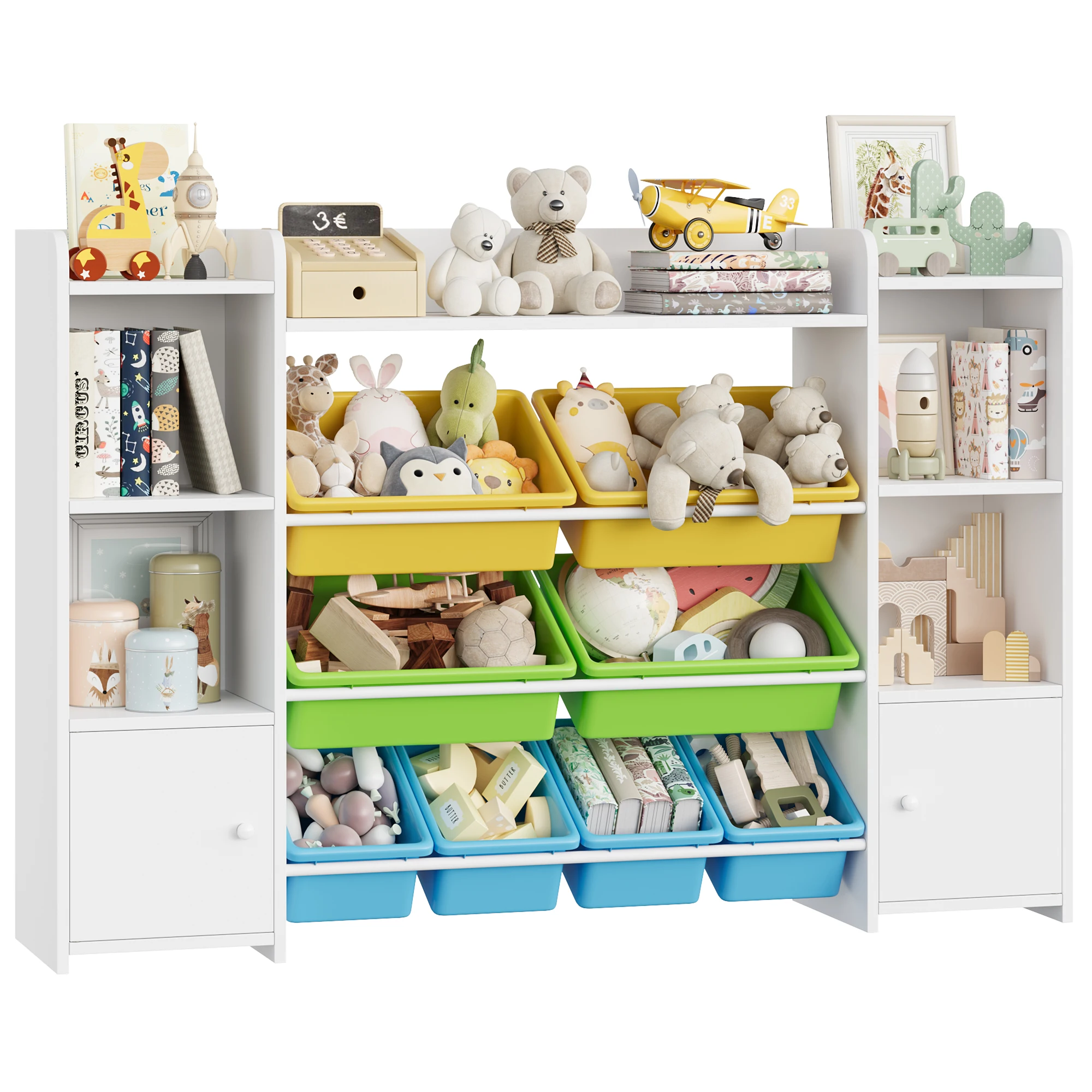 Getone speelgoedopbergkast Kinderboekenkast Speelgoedorganizer Kinderopberger met 8 verwijderbare dozen en opbergplanken voor woonkamer Speelkamer Slaapkamer 138,8 x 29,6 x 94,3 cm