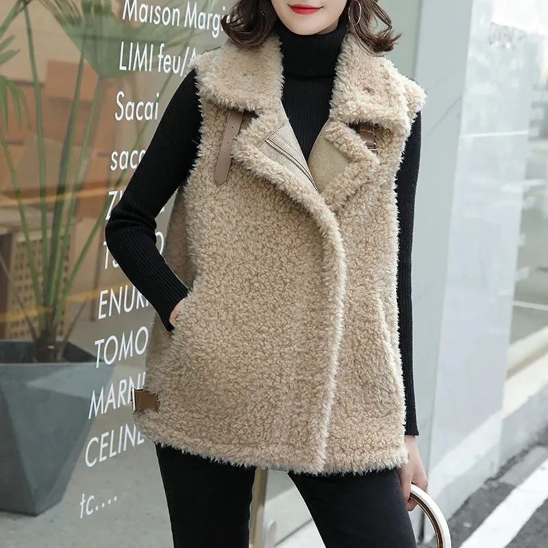 Autumn Winter Lambswool Vest Korean Women\'s Sleeveless Jackets Thick Warm Teddy Waistcoat Loose Fashion Design Chaleco Mujer