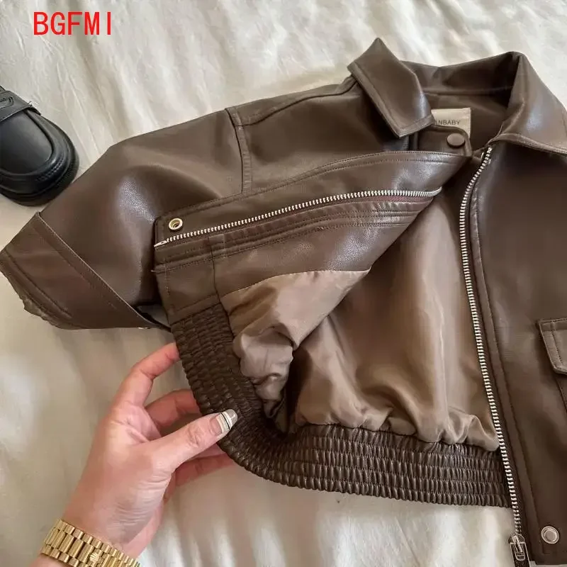 2-10Y Baby Boys Girls Zipper Jackets Brown PU Leather Lapel Collar Coats Korean Style Autumn Single Breasted Toddler Cardigans