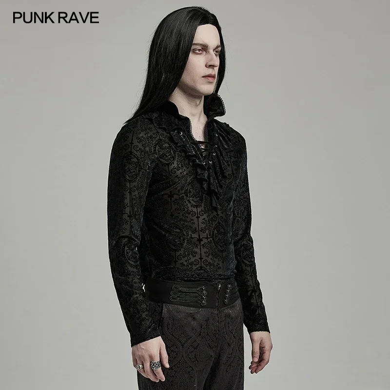 PUNK RAVE Men's Gothic High Collar Embossed Plain Mystery Velvet T-shirt Lace Along The Edge Minimalist Style Casual Tops Tees