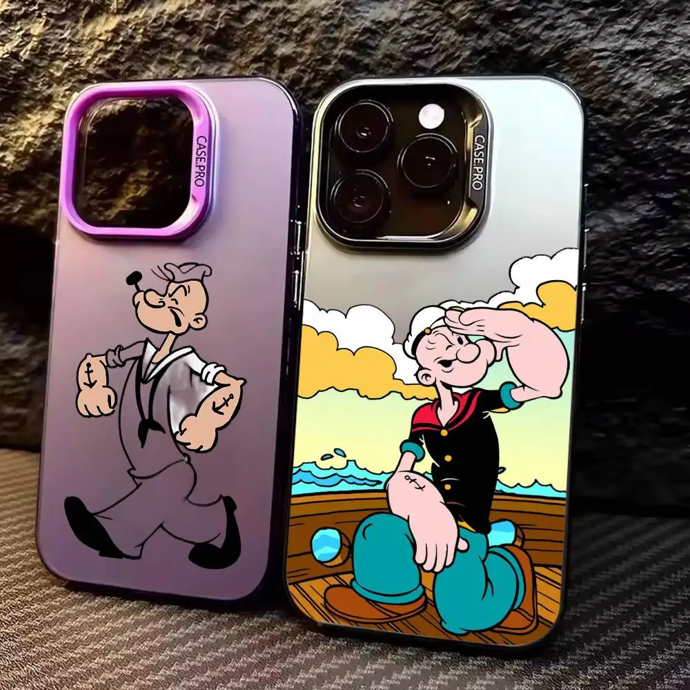 

P-PopeyeS The S-Sailor Cartoon Phone Case For iPhone17,16,15,14,13,12,11 Plus,Pro Max Colored Silver Plated Inside Cover