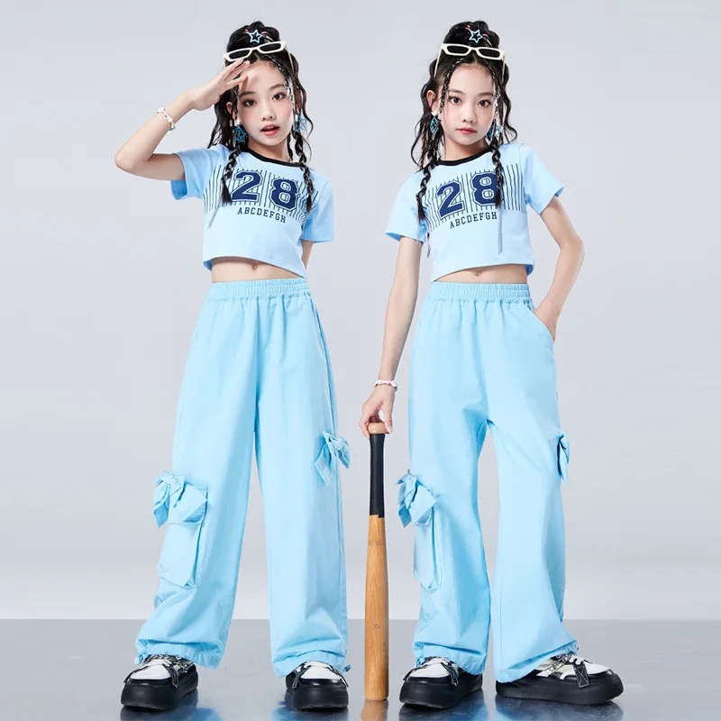 Kid Cool Hip Hop Clothing Blue Letters Crop Top T Shirt Casual Bowknot Pocket Wide Pants for Girls Jazz Dance Costumes Clothes