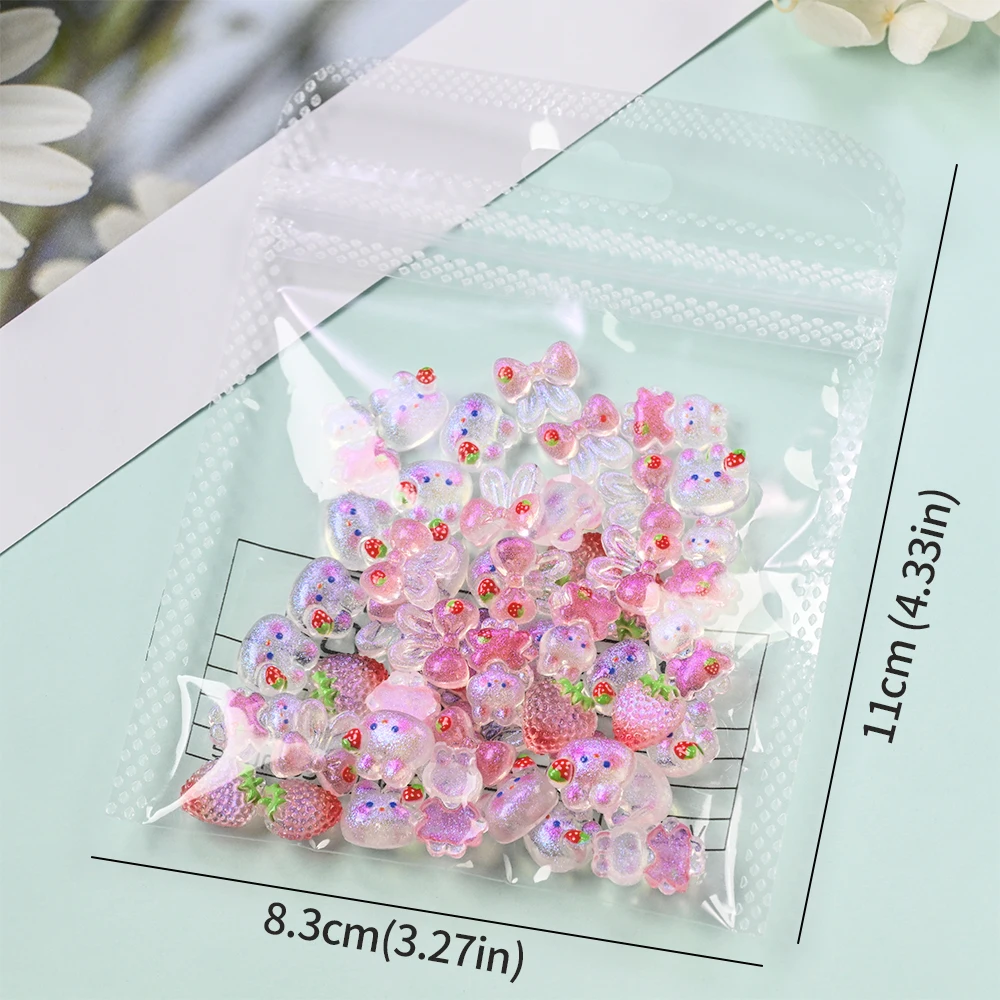 50pcs/bag Ins White Rabbit Nail Parts Strawberry Blush Bunny Shinny Mixed Nail Art Charms Girl Lovely Bowknot 3D Nail Decoration