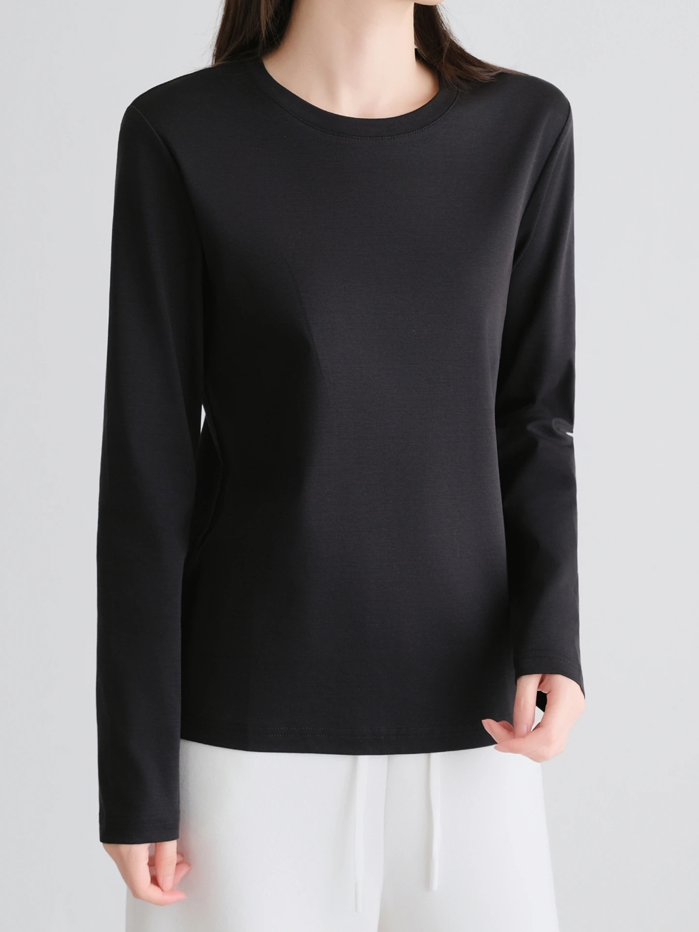 

Женская футболка Ele с длинным рукавом из шелковистого матового хлопка, двусторонняя, с круглым вырезом, весна-осень, приталенная, базовая модель