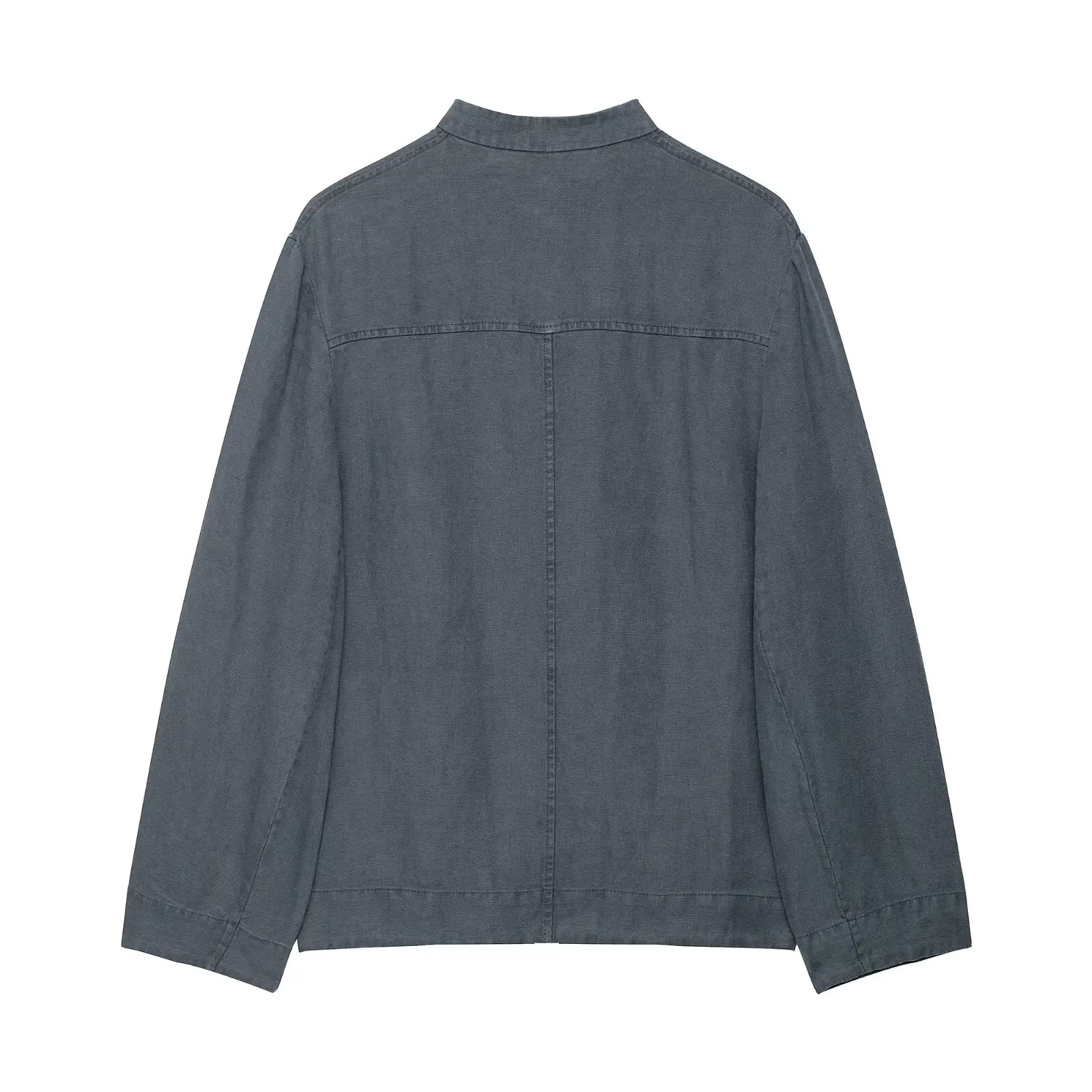 Autumn Retro Casual Style Long Sleeved Top Chic Gray Women Single-row Lace-up Jacket Coat Pocket Shirt