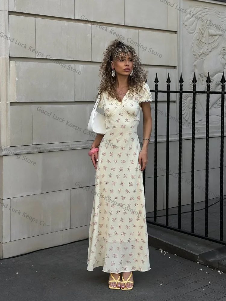 Vestido longo feminino com estampa floral, manga bufante, elegante, decote em v, cintura alta, linha a, slim, férias, viagem, retrô, diário, verão