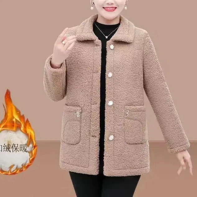 Mom Winter Clothes Velvet Thickened Warm Coat Women Lamb Fur Coat Middle-Aged Lady\'s Grain Velvet Loose Coat Female Jacket