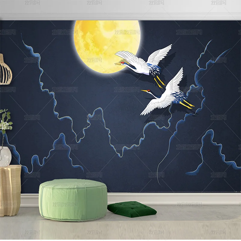 Custom 3D New Chinese mural hand painted national tide style Crane Xiangyun light luxury wallpaper sofa TV background wall 8d