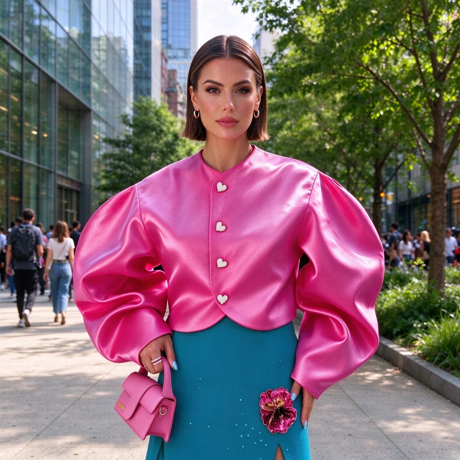 Hot Pink Cropped Jacket Puff Long Sleeve Stand Collar Heart Rhinestone Button Solid Satin Top Streetwear Party Club Elegant Fash
