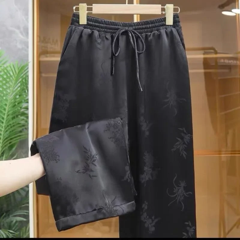 

Новинка 2023 года, осенние прямые брюки с эластичной резинкой на талии, женские атласные брюки в китайском стиле с жаккардовым цветочным принтом, модные мягкие облегающие длинные брюки