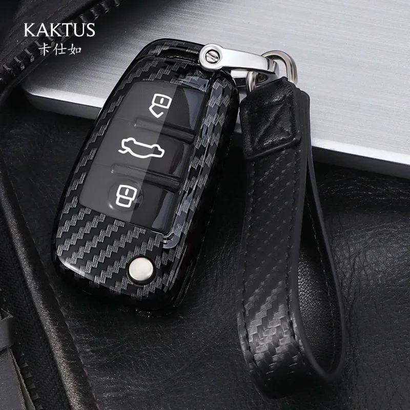 New Fashion Car Key Cover Protection Purse Wallet Keychain for Audi A3 Q3 Q2 Old A6 Key Case Carbon Fiber Pattern Shell Buckle