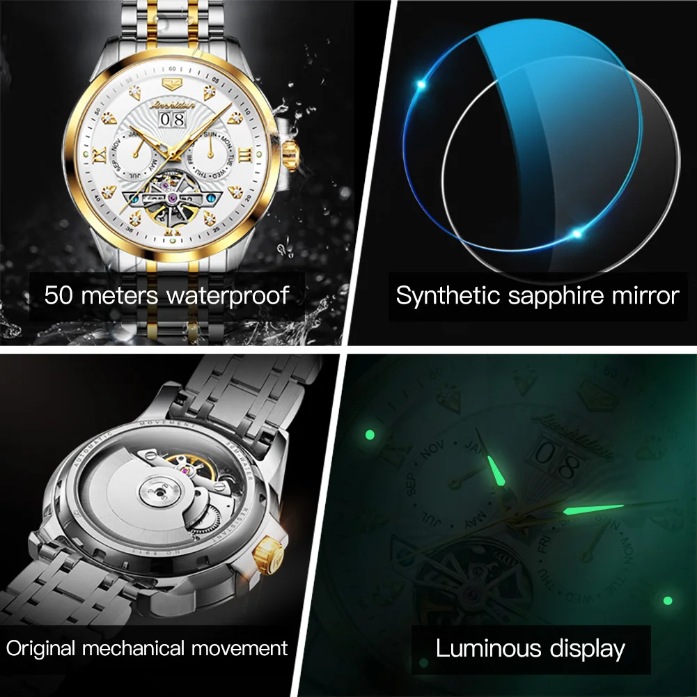 JSDUN 8911 Automatic Mechanical Watch for Men Sapphire Mirror Multifunction Skeleton Wristwatch Waterproof Business Men\'s Watch