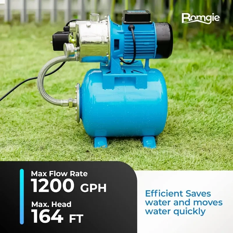 BOMGIE 1.5HP Shallow Well Pump with Pressure Tank,1200 GPH Irrigation Jet Pump Automatic Booster Sprinkler System