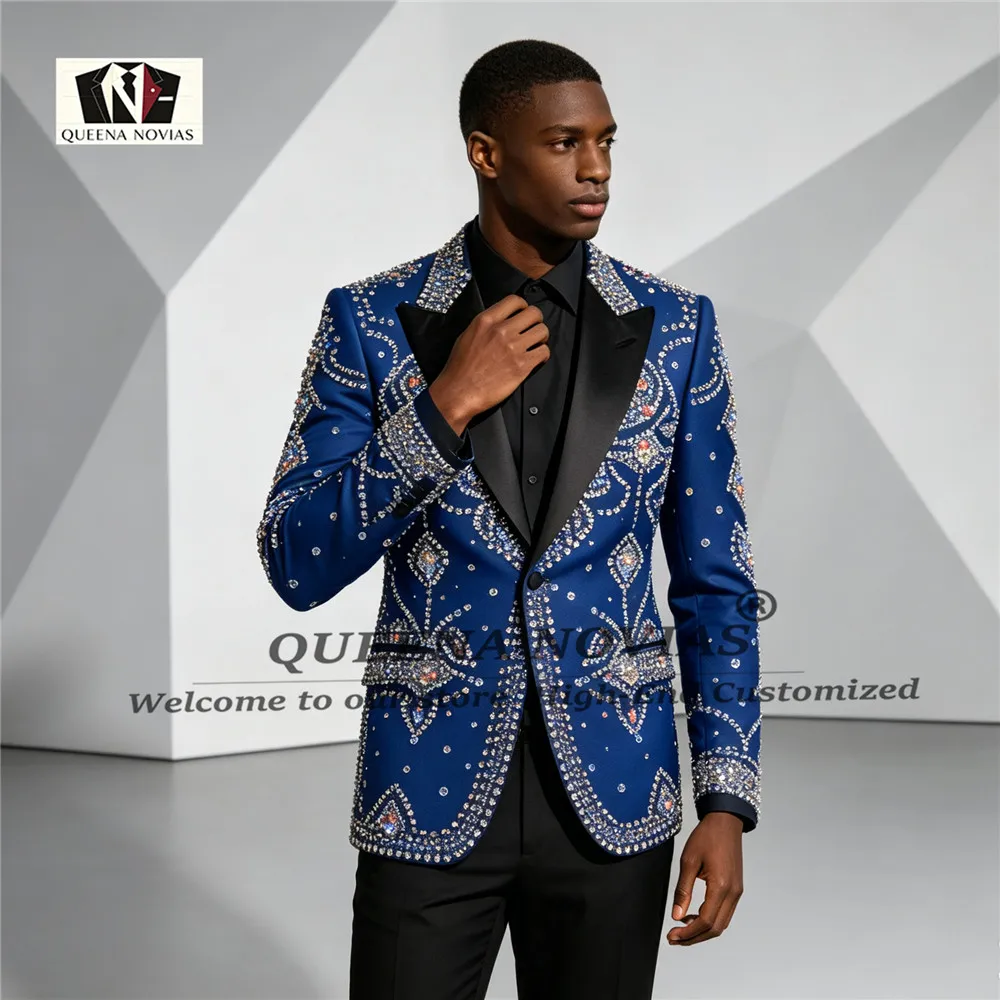 Exclusive Wedding Suits For Man Jewelry Stones Prom Blazers Customized 2 Pieces Sets Groom Tuxedos Slim Fit Man Terno Masculinos