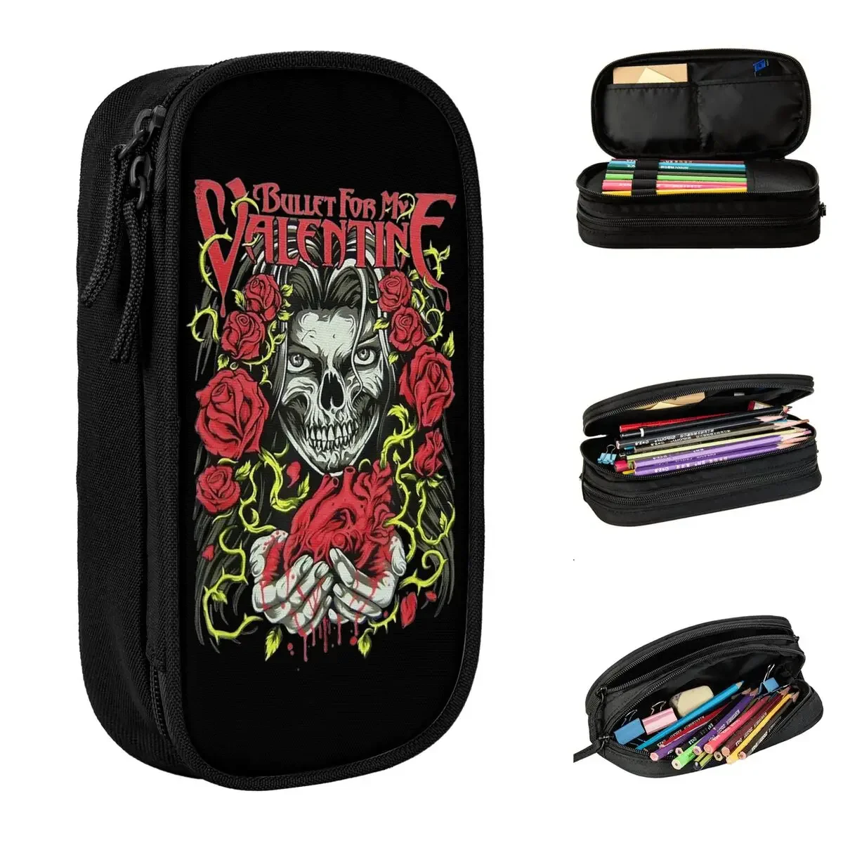 

Bullet For My Valentine Roses Heart Pencil Case Fun Music Pen Bag Large Storage Students School Cosmetic Pencilcases