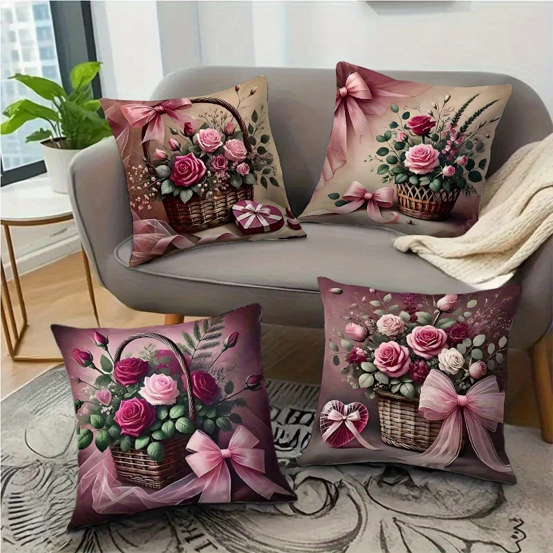 4PC Floral Wreath Bouquet Throw Pillow Covers Set for Sofa Home Decor Romantic Garden Style Cushion Case