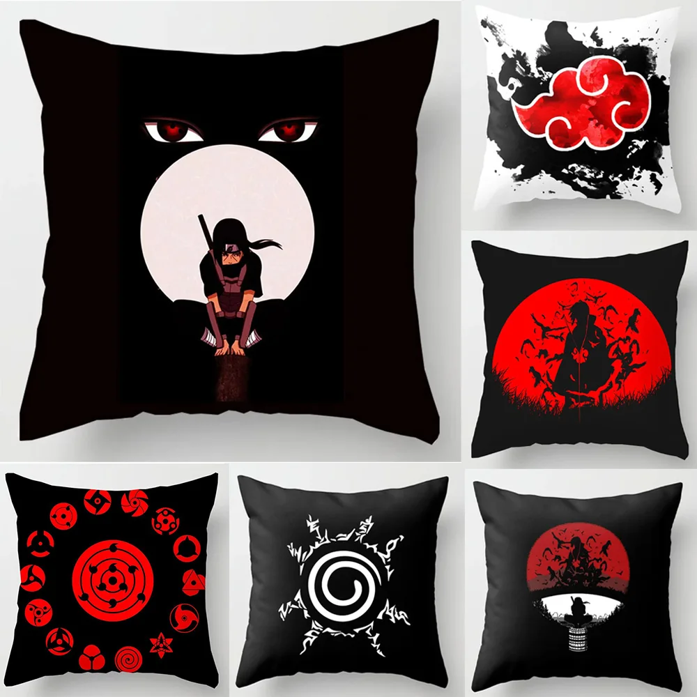 Anime Naruto Poszewka na poduszkę z nadrukiem Red Cloud Uchiha Itachi Action Figures Kwadratowe poszewki na poduszki Sofa Decor Cover Zabawki Prezent