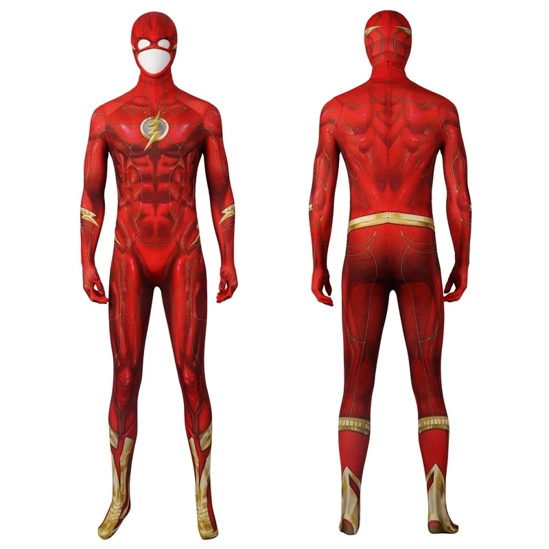 

Men Justice Flash Cosplay Barry Allen Cosplay Costume Jumpsuit Mask Halloween Carnival Printed Tight Fitting Party Bodysuits Set