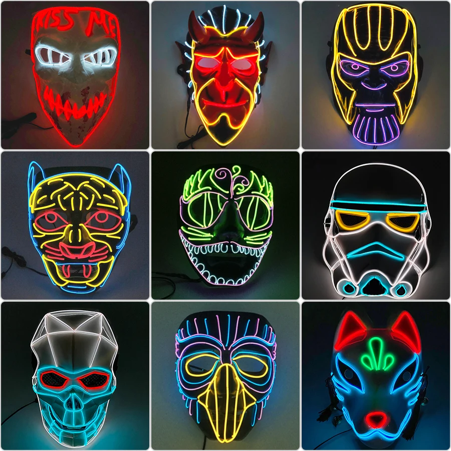 Świecąca Maska Cosplay Anime Postacie z Kreskówek Straszne Potwory Groźne Zwierzęta Luminous EL Wire Neonowa Maska Dla Dorosłych