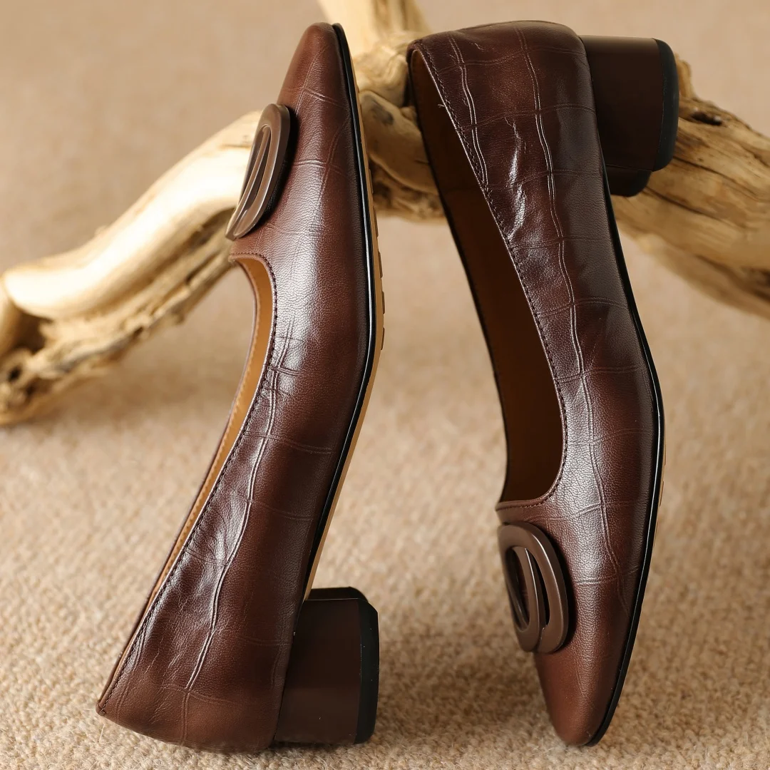 

Women's sheepskin round toe metal buckle slip-on pumps 3cm thick low heel elegant ladies Ol style daily slim dress heels shoes