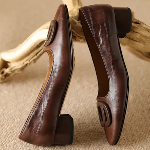 Women's sheepskin round toe metal buckle slip-on pumps 3cm thick low heel elegant ladies Ol style daily slim dress heels shoes