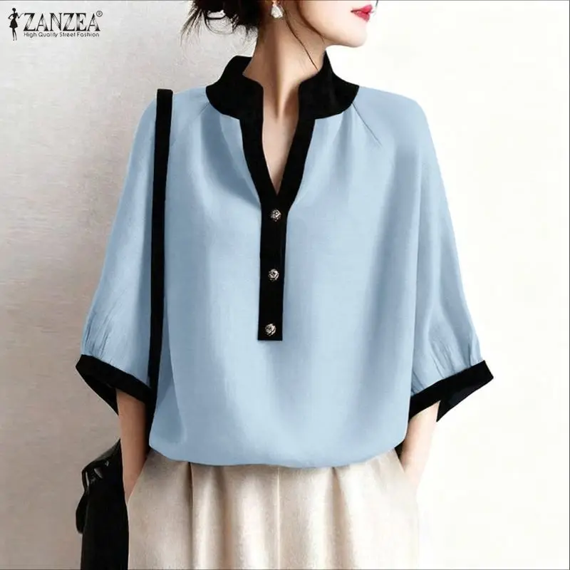 ZANZEA Women Casual Blouses Fashion 3/4 Sleeve Color Patchwork Shirts 2025 Autumn V-Neck Buttons Stylish Tops Female Blusas