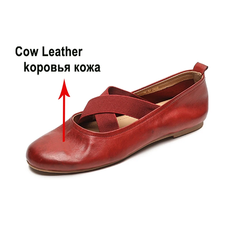 Meotina Women Genuine Leather Mary Janes Round Toe Flats Cross Strap Glove Shoes Ladies Fashion Casual Shoes Spring Autumn 40