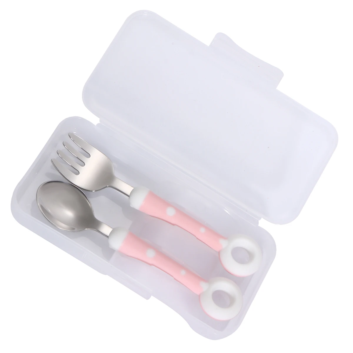 

2 pcs Stainless Steel Baby Spoon Fork Set Kids Feeding Tableware Cartoon Design Storage Box Portable Handle Dirt Resistant