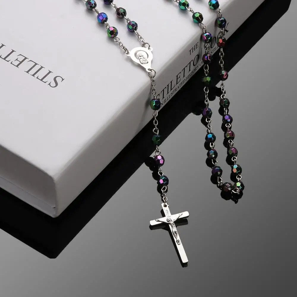 Fashion Crucifix Charm Virgin Mary Pendant Rosary Beads Chain Cross Necklace Jesus