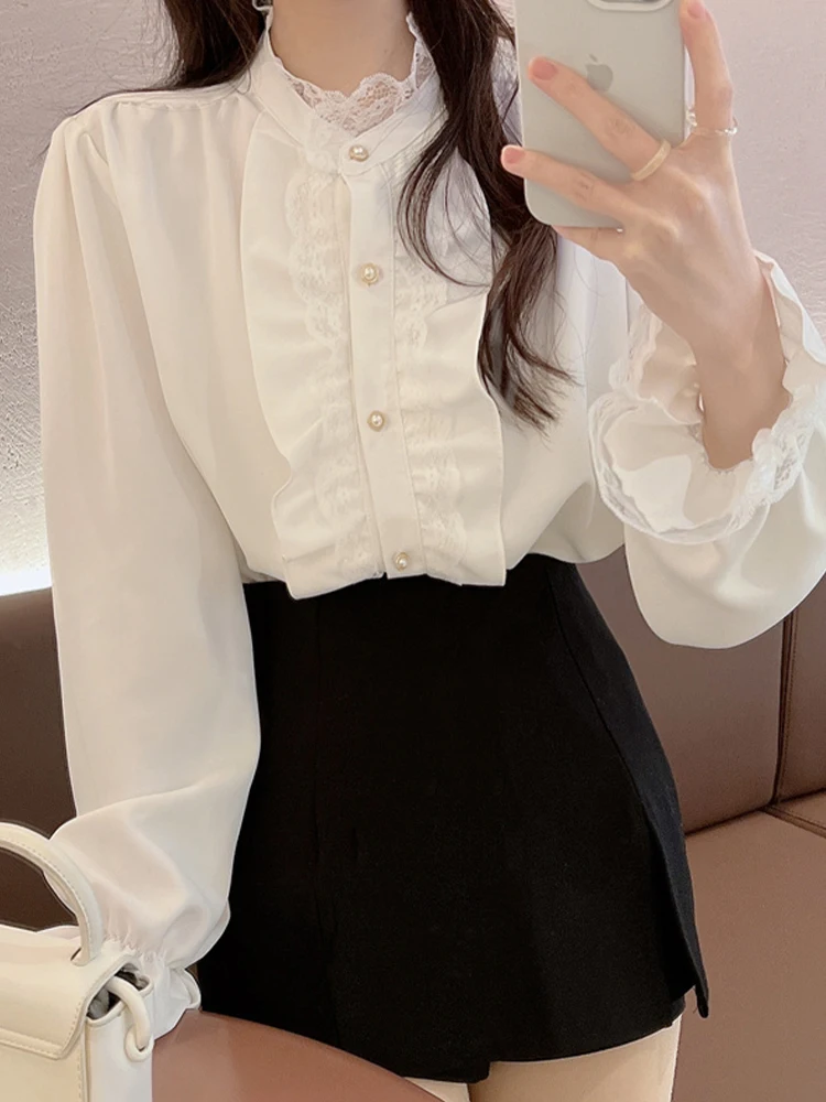 Vintage Shirts Women Korean Fashion White Blouse Female Elegant French Sweet Tops Ladies Lace Ruffles Single Breasted Blusas