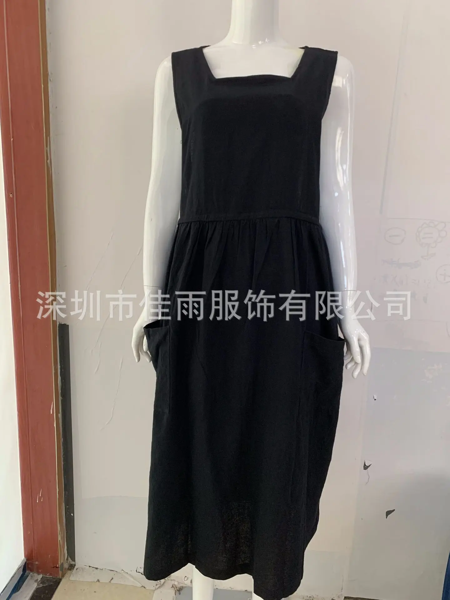 3 Color Oversized S-5XL Loose Cotton Linen Apron Midi Dress For Women Casual Pocket Homewear Solid Color Kitchen Uniform