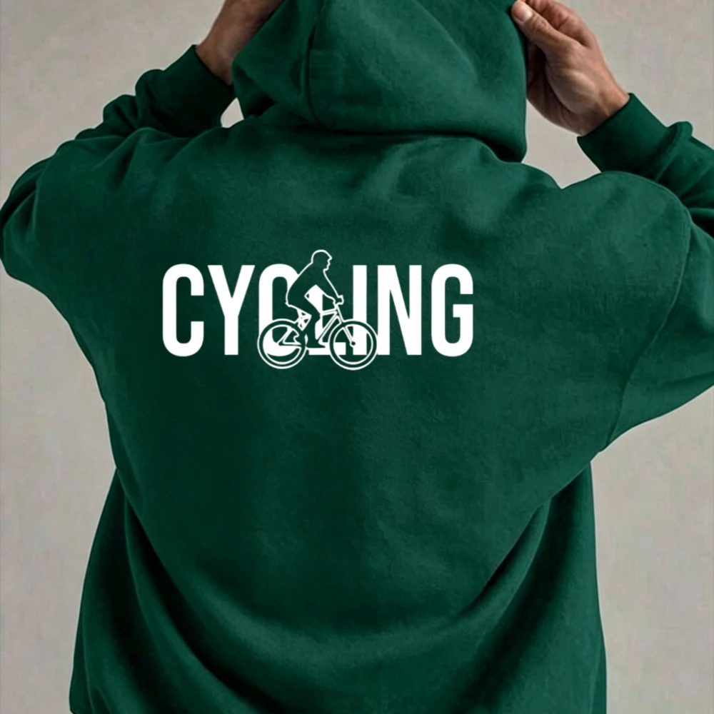 Sudadera con capucha y estampado de ciclista en bicicleta de montaña, diseño sencillo en blanco, ideal para actividades al aire libre, ciclismo de montaña y deportes.