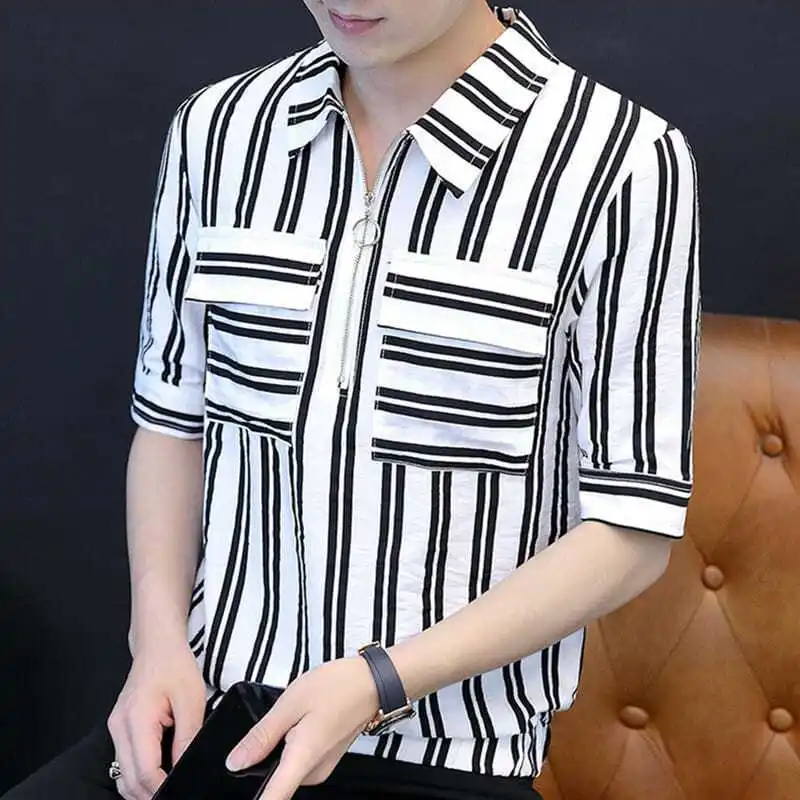 Spring Summer Fashion Polo Neck Short Sleeve Clothing for Casual Versatile Western Commuting Stripes Comfortable Men's Shirts