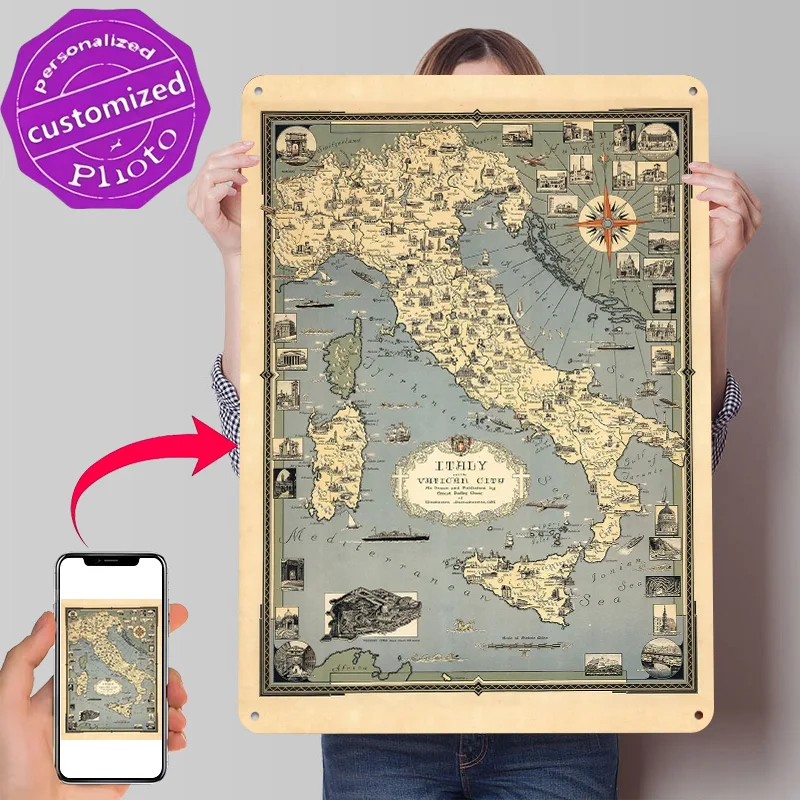Vintage Italy and Vatican City Map 3D Printed Texture Poster Personalized Wall Art Retro Metal Tin Signs for Decor Luxury House